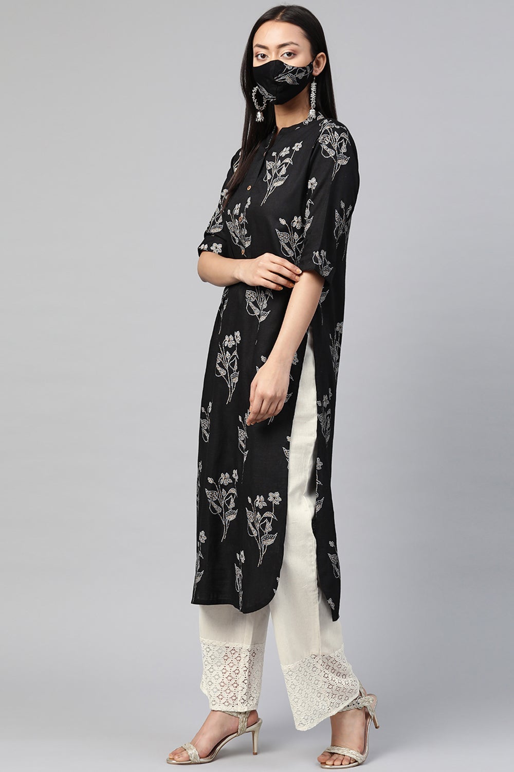 Juniper Women's Black Rayon Slub Bandhani Straight Kurta