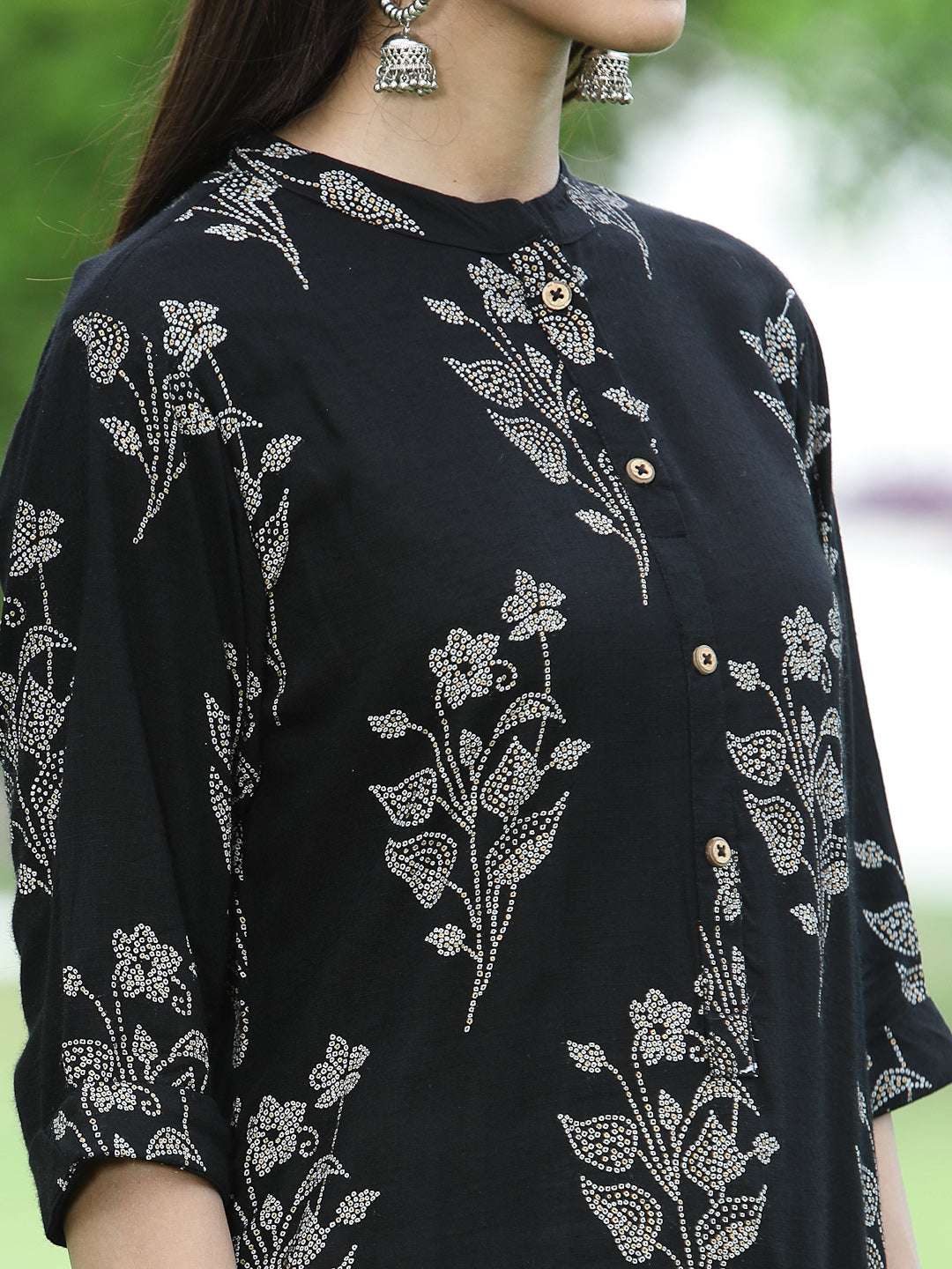 Juniper Womens Black Rayon Slub Printed Straight Kurta