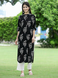 Juniper Womens Black Rayon Slub Printed Straight Kurta