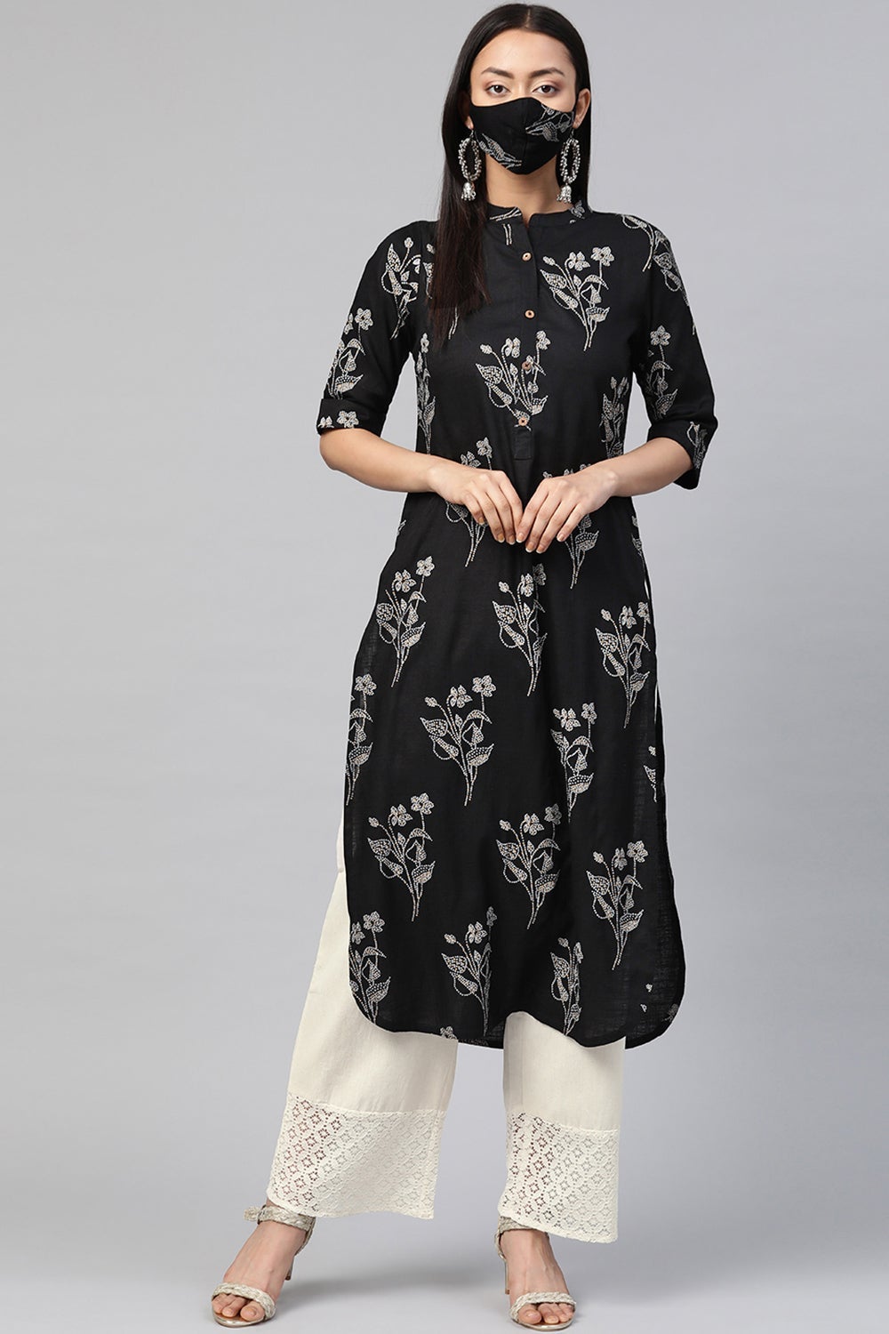 Juniper Women's Black Rayon Slub Bandhani Straight Kurta