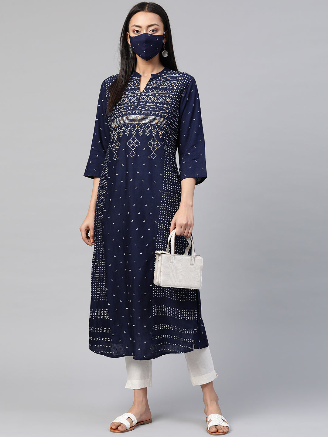 Juniper Womens Indigo Rayon Slub Placement Printed A Line Kurta