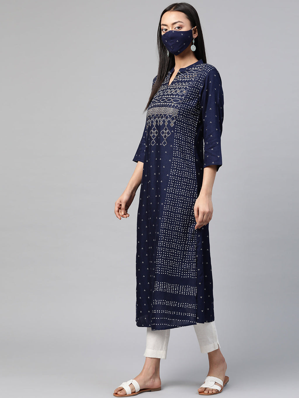 Juniper Womens Indigo Rayon Slub Placement Printed A Line Kurta