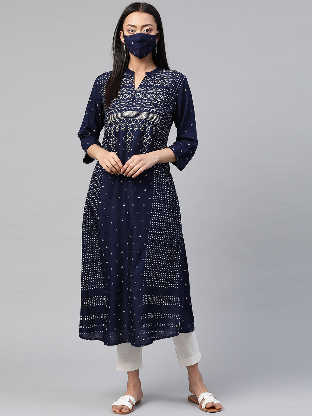 Juniper Womens Indigo Rayon Slub Placement Printed A Line Kurta