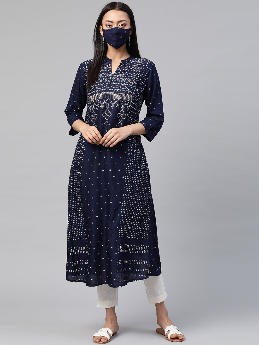 Juniper Womens Indigo Rayon Slub Placement Printed A Line Kurta
