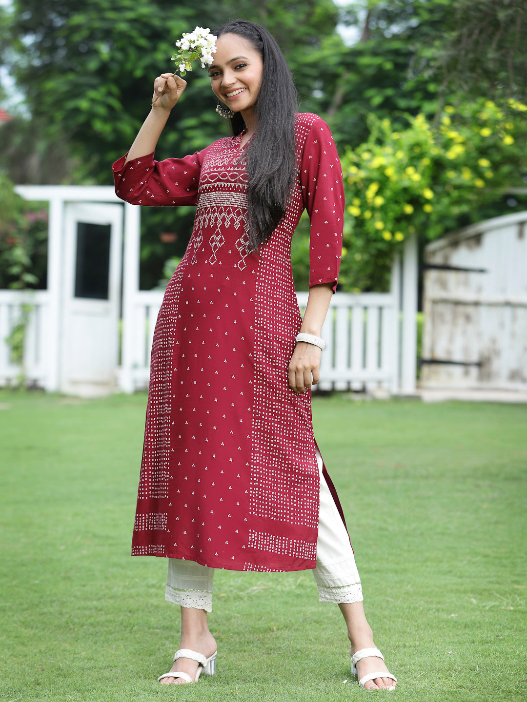 Juniper Womens Maroon Rayon Slub Placement Printed A Line Kurta