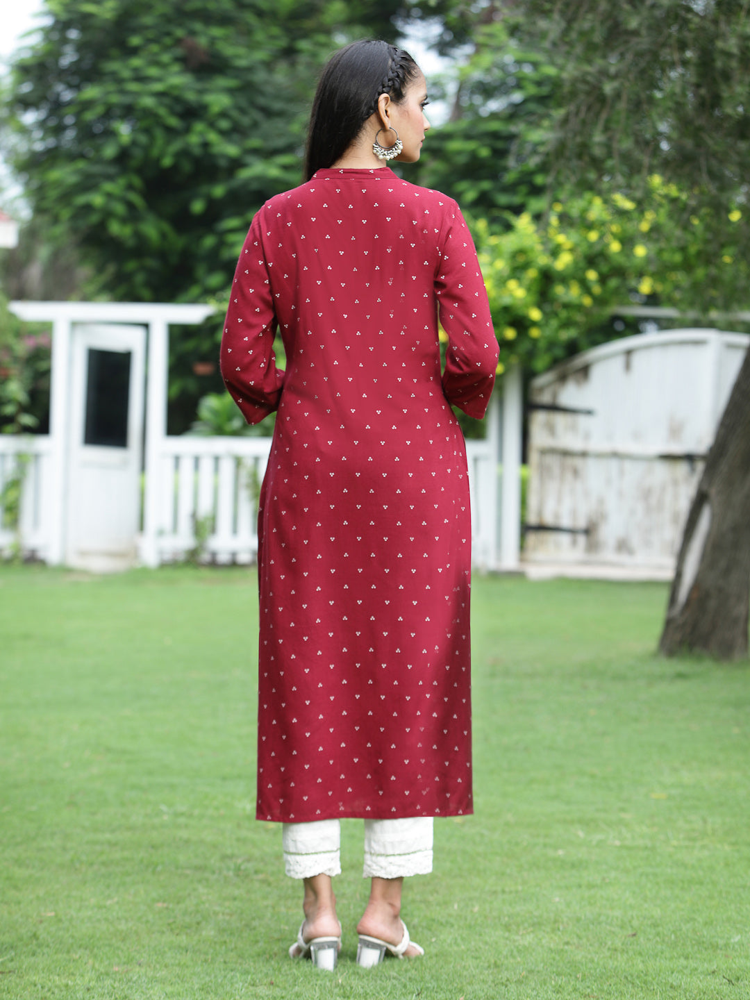 Juniper Womens Maroon Rayon Slub Placement Printed A Line Kurta