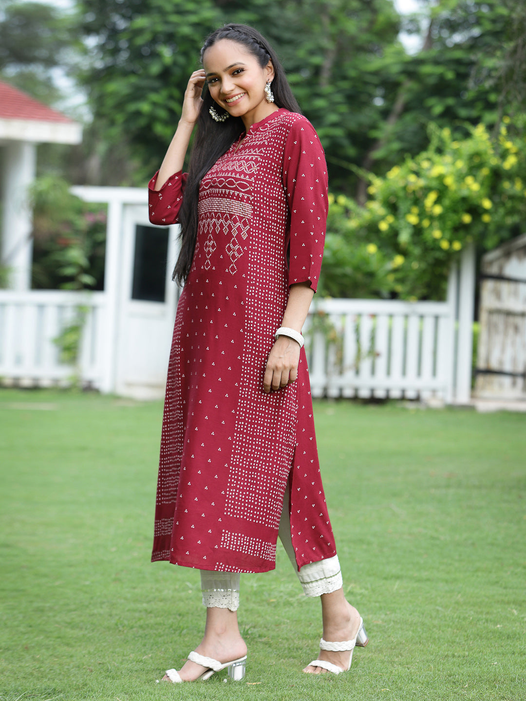 Juniper Womens Maroon Rayon Slub Placement Printed A Line Kurta
