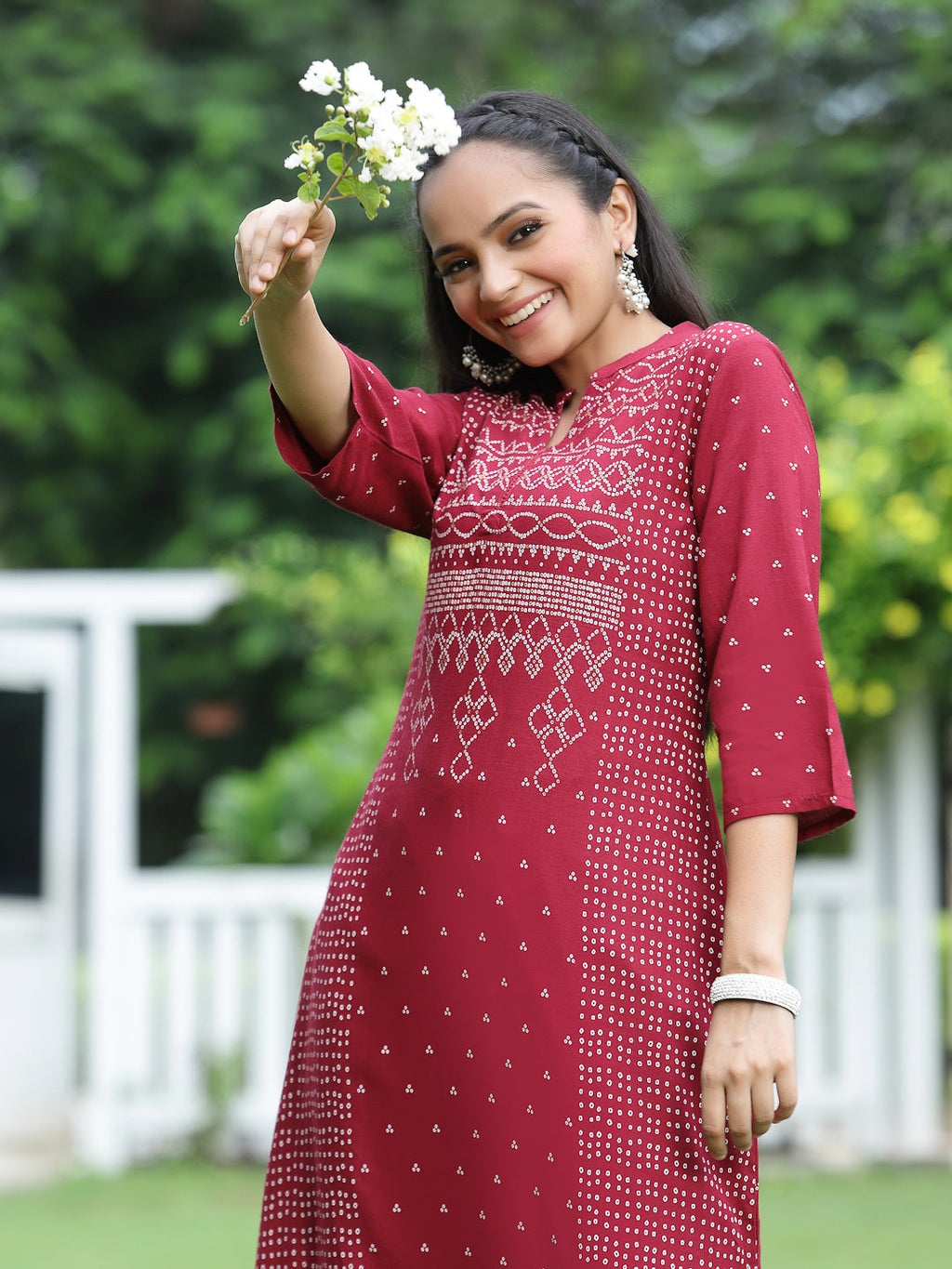 Juniper Womens Maroon Rayon Slub Placement Printed A Line Kurta