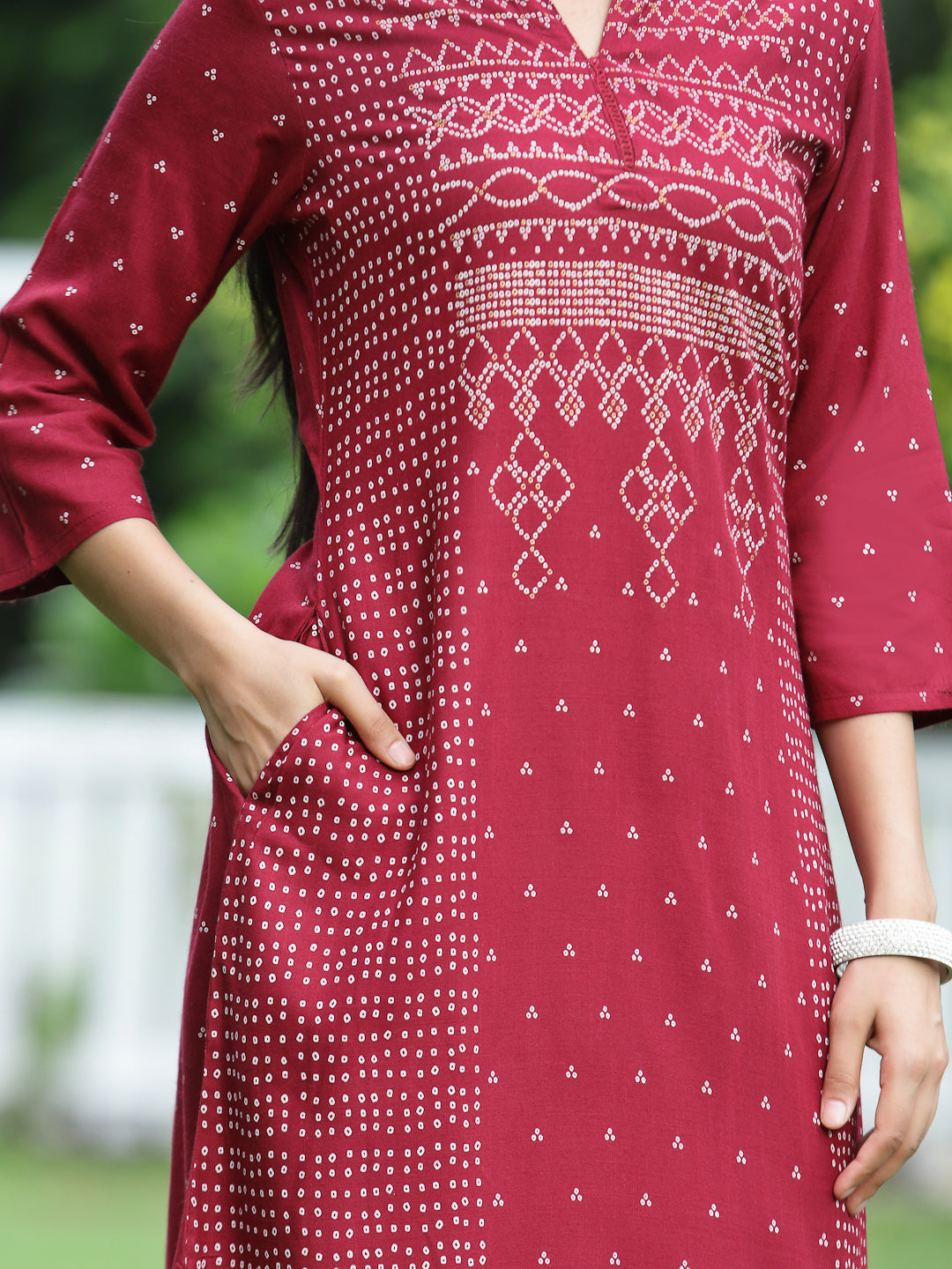 Juniper Womens Maroon Rayon Slub Placement Printed A Line Kurta