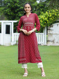 Juniper Womens Maroon Rayon Slub Placement Printed A Line Kurta