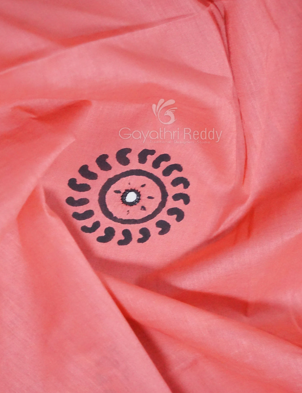 Peach Colour Block Print With Mirron Embroidered Pure Mulmul Cotton Saree By Gayathri Reddy Designer Studio