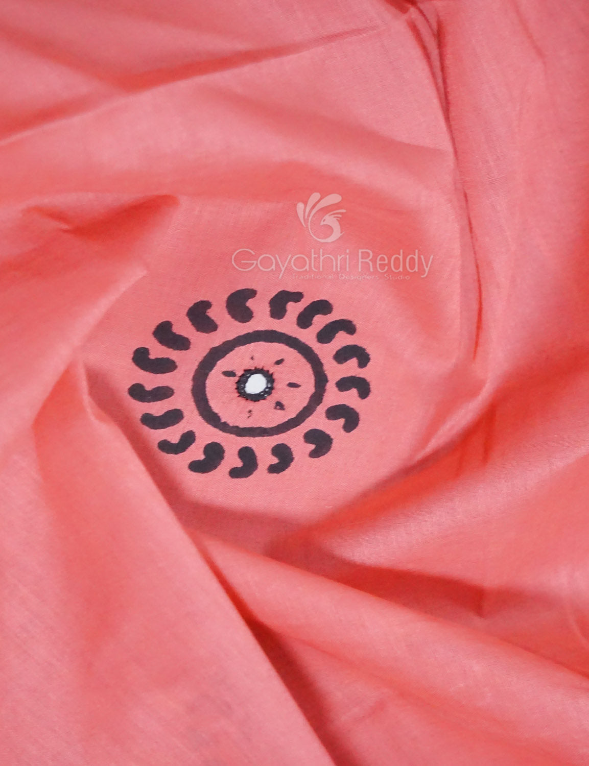 Peach Colour Block Print With Mirron Embroidered Pure Mulmul Cotton Saree By Gayathri Reddy Designer Studio
