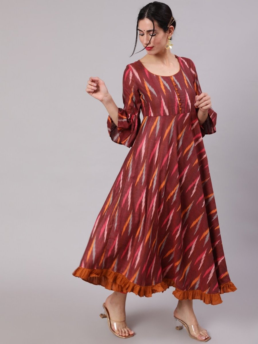 Aks Ikat Printed Pleated Pure Cotton Anarkali Kurta