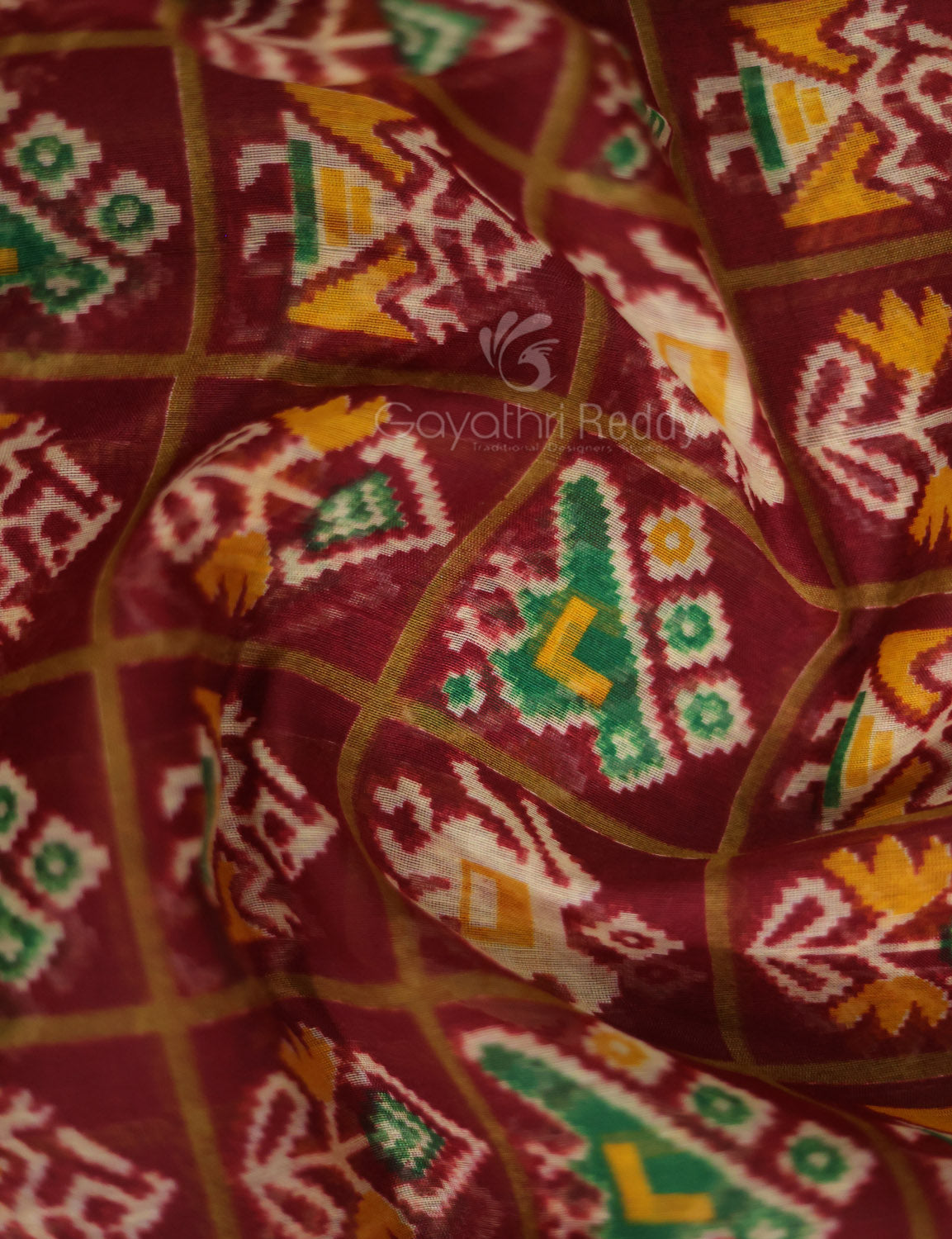 Shades of Maroon And Parrot Green Blouse Patola Print Semi Chanderi Saree By Gayathri Reddy Designer Studio