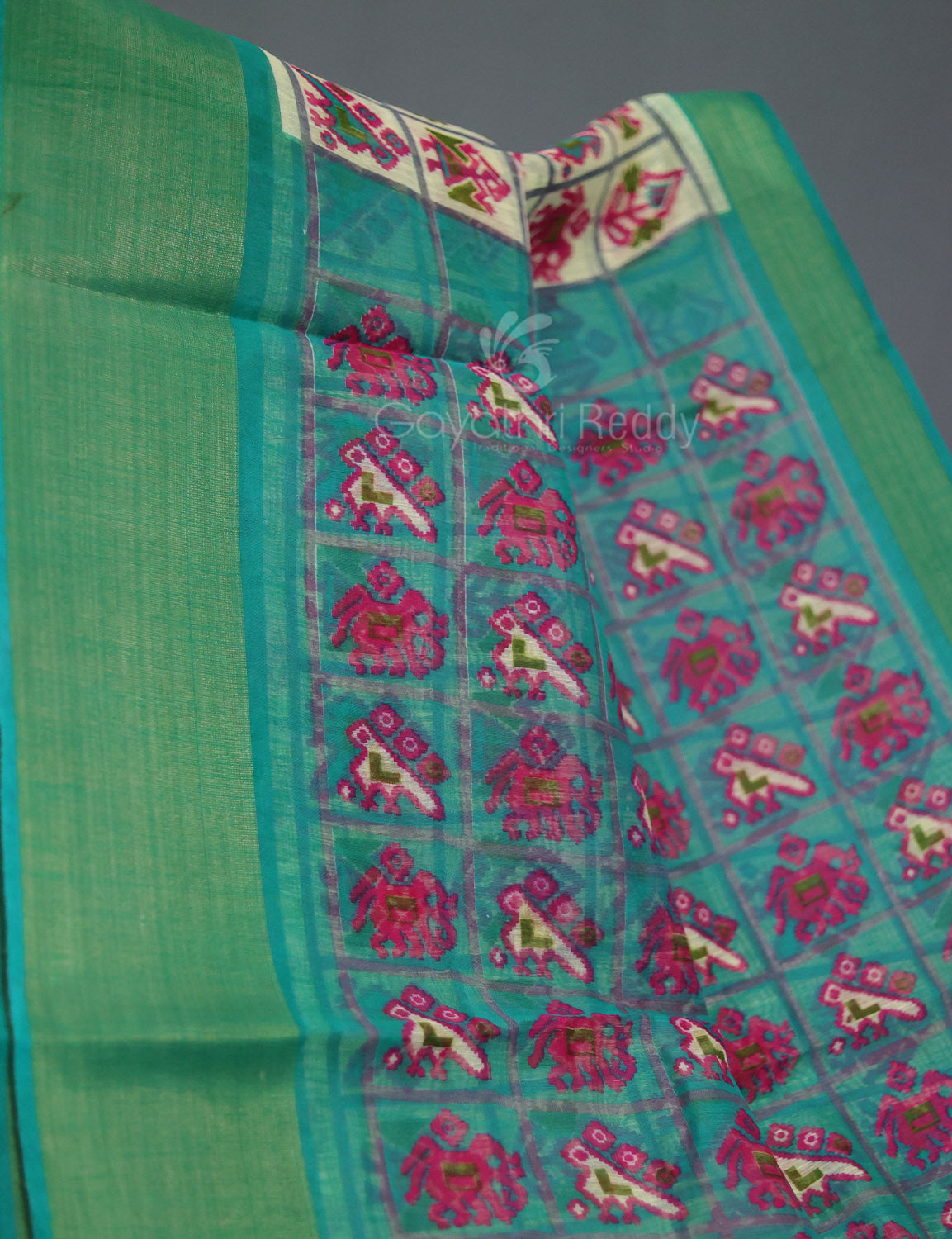 Shades of Cream And Ramagreen Blouse Patola Print Semi Chanderi Saree By Gayathri Reddy Designer Studio