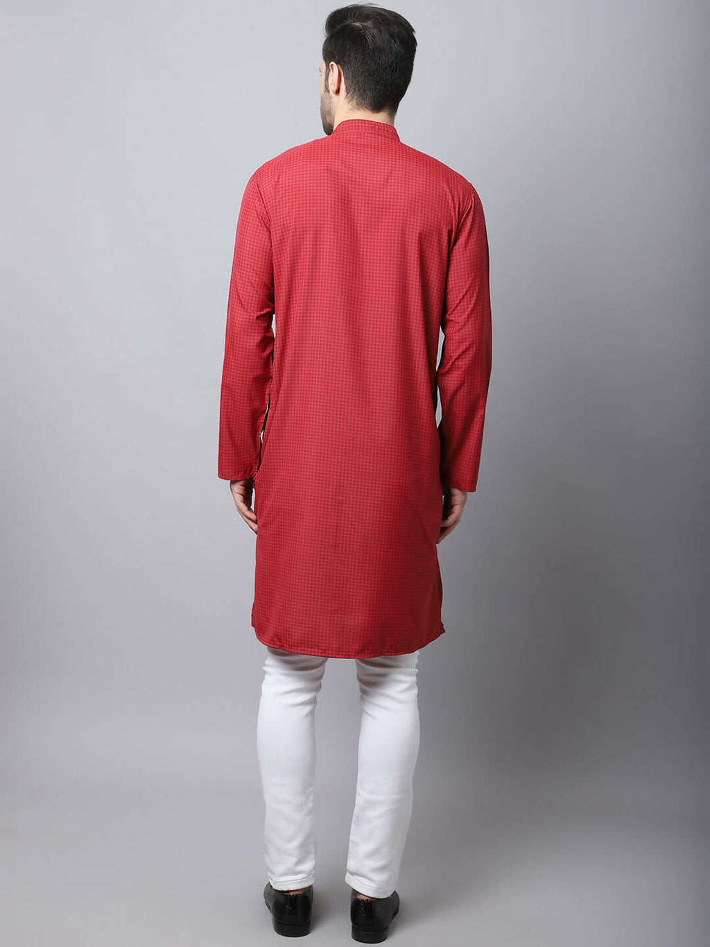Even Apparels Maroon Cotton Checked Men's Kurta With Band Collar