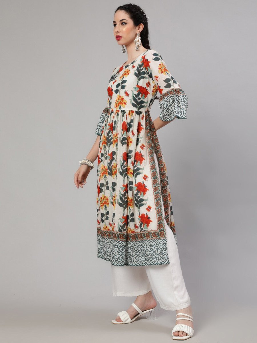 Aks Floral Printed Bell Sleeves Pleated Cotton A-Line Kurta