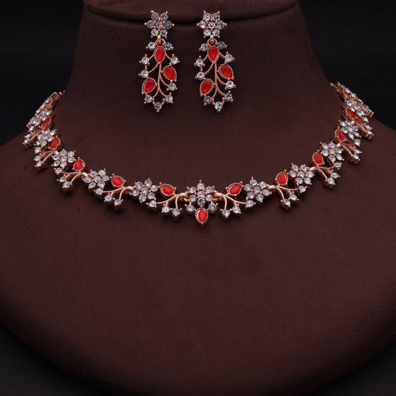 Tehzeeb Creations Rose Gold Pleated White Diamond With Red Beads Necklace Set