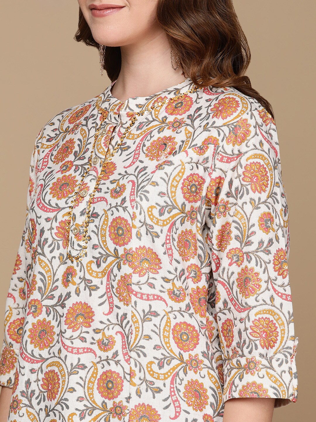 HERE&NOW White & Yellow Floral Printed Sequined Cotton Kurta