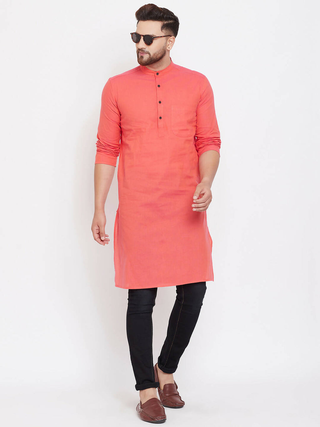 Even Apparels Red Pure Cotton Men's Kurta With Band Collar