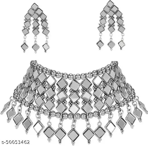 Tehzeeb Creations Women's Silver Colour Oxidised Necklace Set With Mirror Design
