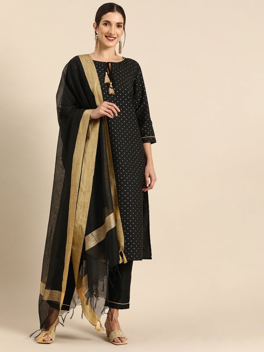 All About You Women Black & Gold Printed Regular Kurta with Trousers & Dupatta