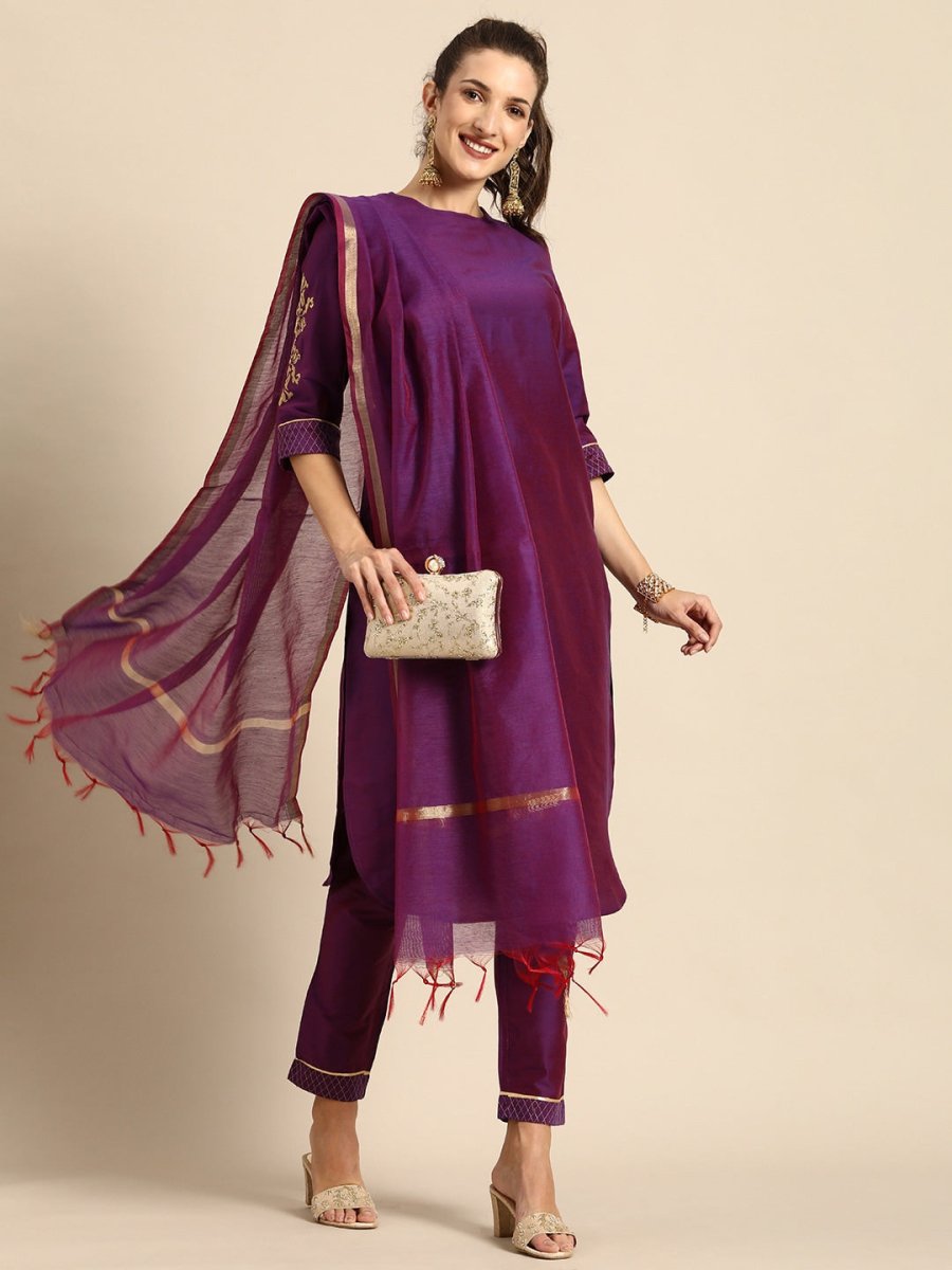 All About You Women Purple Zari Embroidered Regular Kurta with Trousers & Dupatta