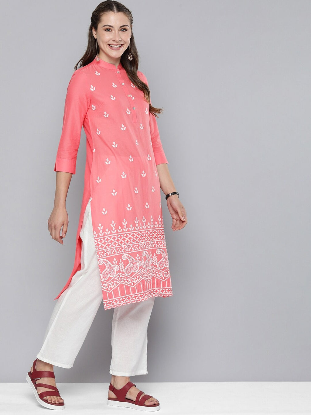HERE&NOW Women Pure Cotton Ethnic Motifs Embroidered Thread Work Pastels Kurta