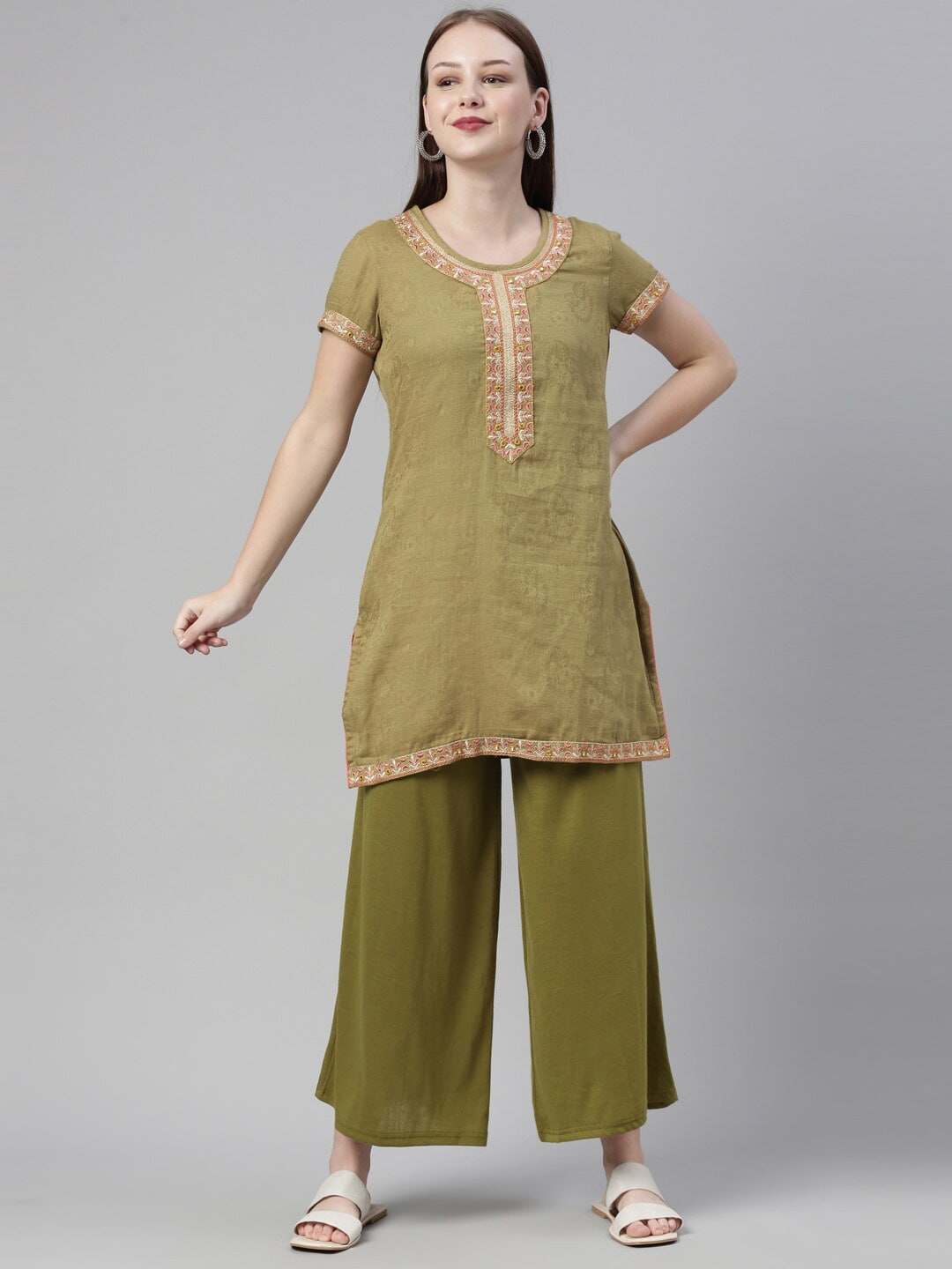 Souchii Olive Green Knitted Ethnic Palazzos