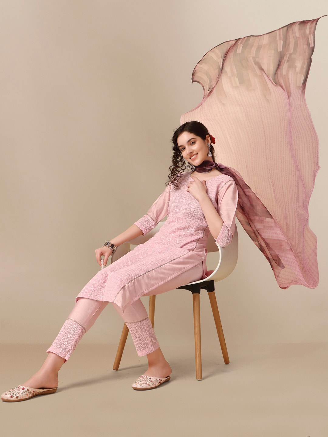 HERE&NOW Lucknowi Chikankari Schiffli Chanderi Silk Kurta Trousers with Organza Dupatta