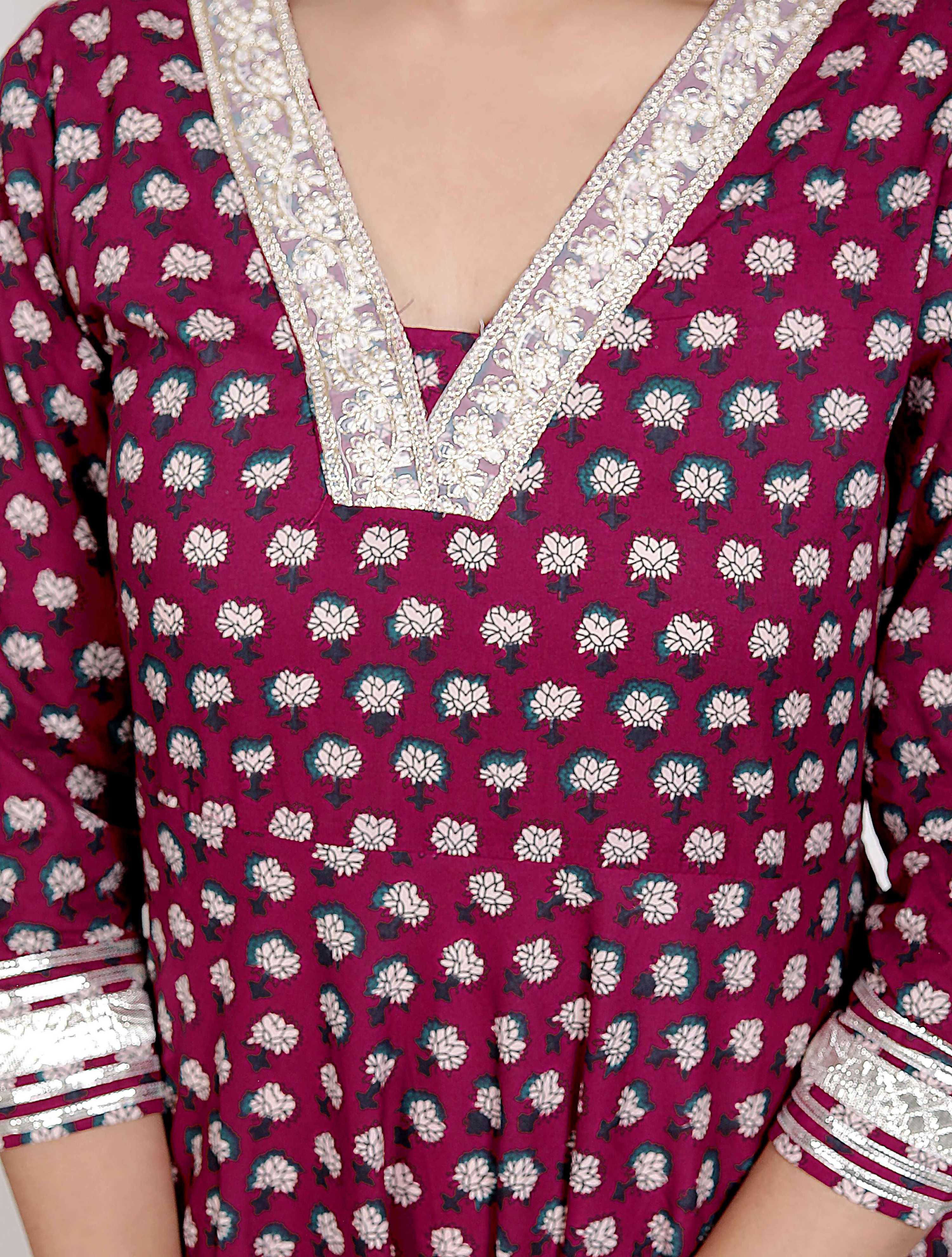 Miravan Women Maroon Floral Print Soft Cotton embroidered Anarkali Kurta