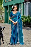 Vastranavya Sea Blue Embroidery Work Shimmer Chiffon Saree with Unstitched Blouse