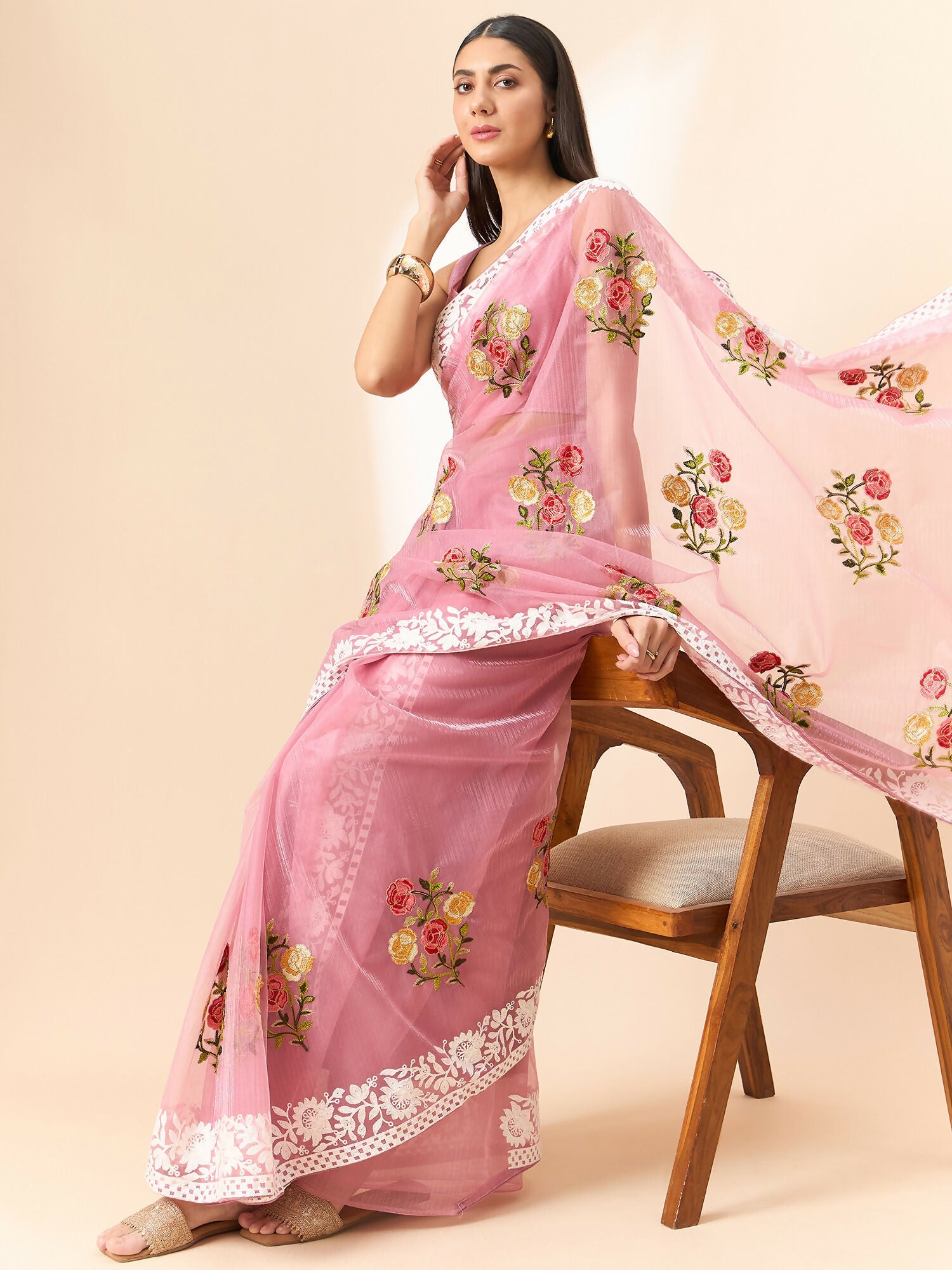 Pink Organza Floral Embroidered Saree with Unstitched Blouse Piece - Roozal