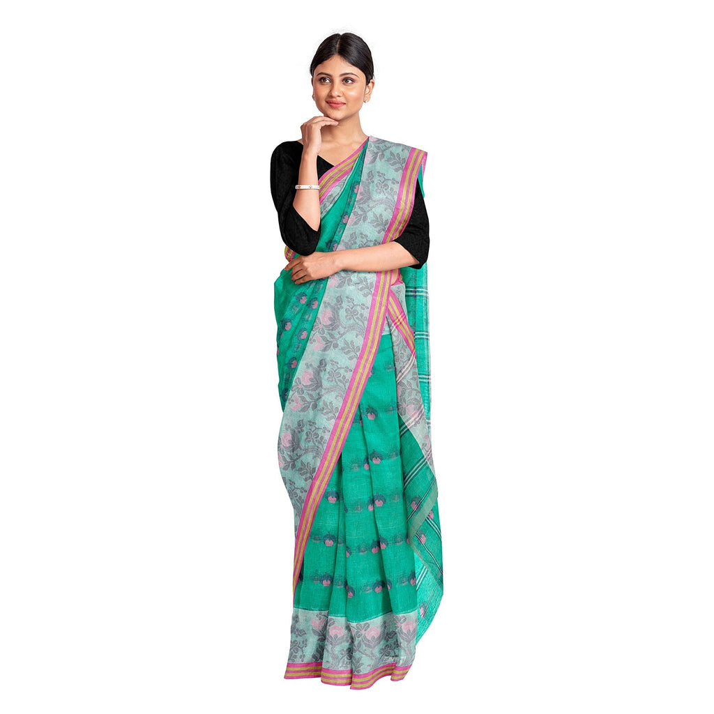 Exclusive Collection 100% Pure Cotton Green Tant Saree With Hand Weaving Work