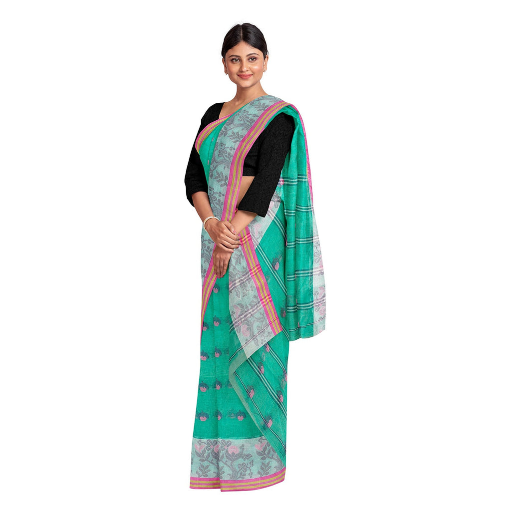 Exclusive Collection 100% Pure Cotton Green Tant Saree With Hand Weaving Work