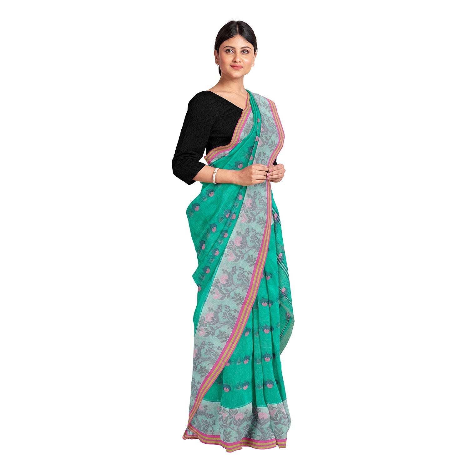 Exclusive Collection 100% Pure Cotton Green Tant Saree With Hand Weaving Work