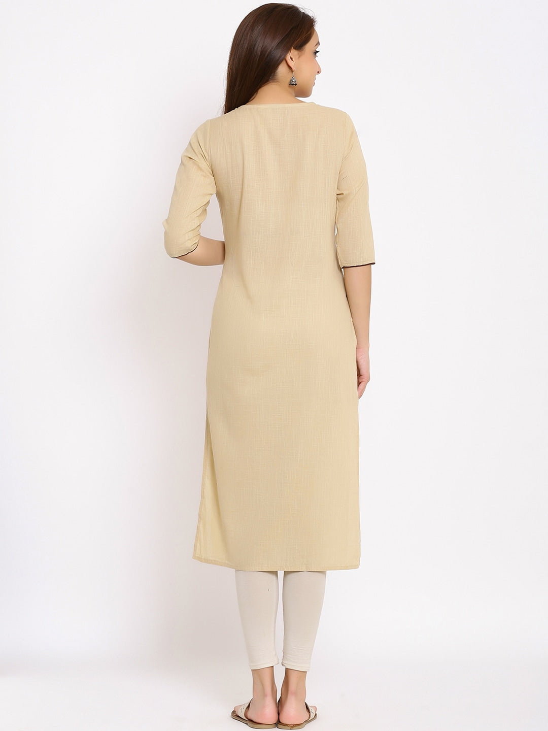 HERE&NOW Beige Geometric Yoke Design Thread Work Kurta
