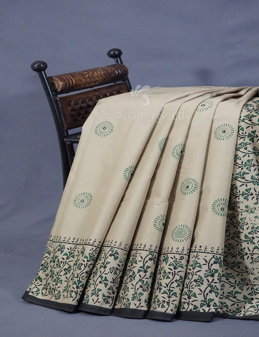 Light Olive Mix Grey Colour Block Print With Mirron Embroidered Pure Mulmul Cotton Saree By Gayathri Reddy Designer Studio