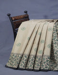 Light Olive Mix Grey Colour Block Print With Mirron Embroidered Pure Mulmul Cotton Saree By Gayathri Reddy Designer Studio
