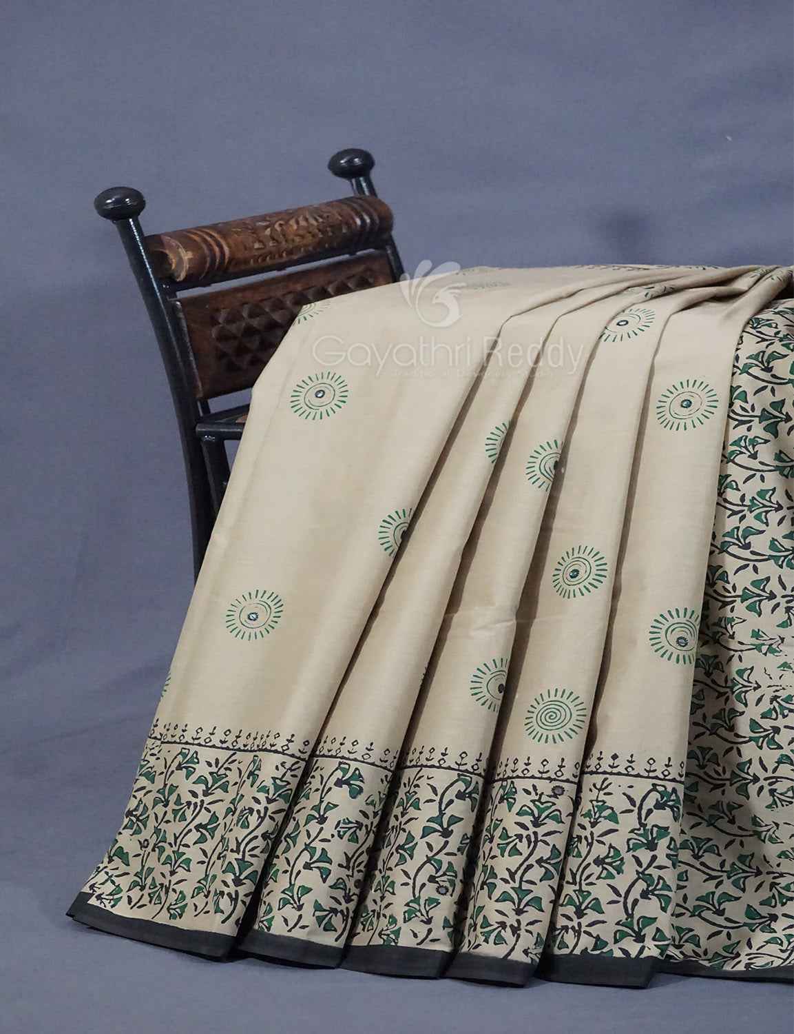 Light Olive Mix Grey Colour Block Print With Mirron Embroidered Pure Mulmul Cotton Saree By Gayathri Reddy Designer Studio