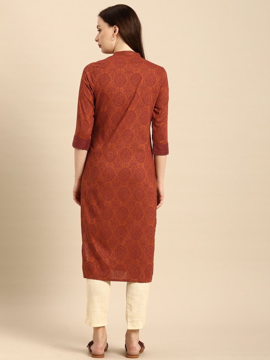 All About You Women Rust Brown Ethnic Motifs Printed Straight Kurta