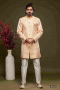 Raivat Ethnic Banarasi Jacquard Embroidery Semi Indo Western Sherwani In Orange Colour