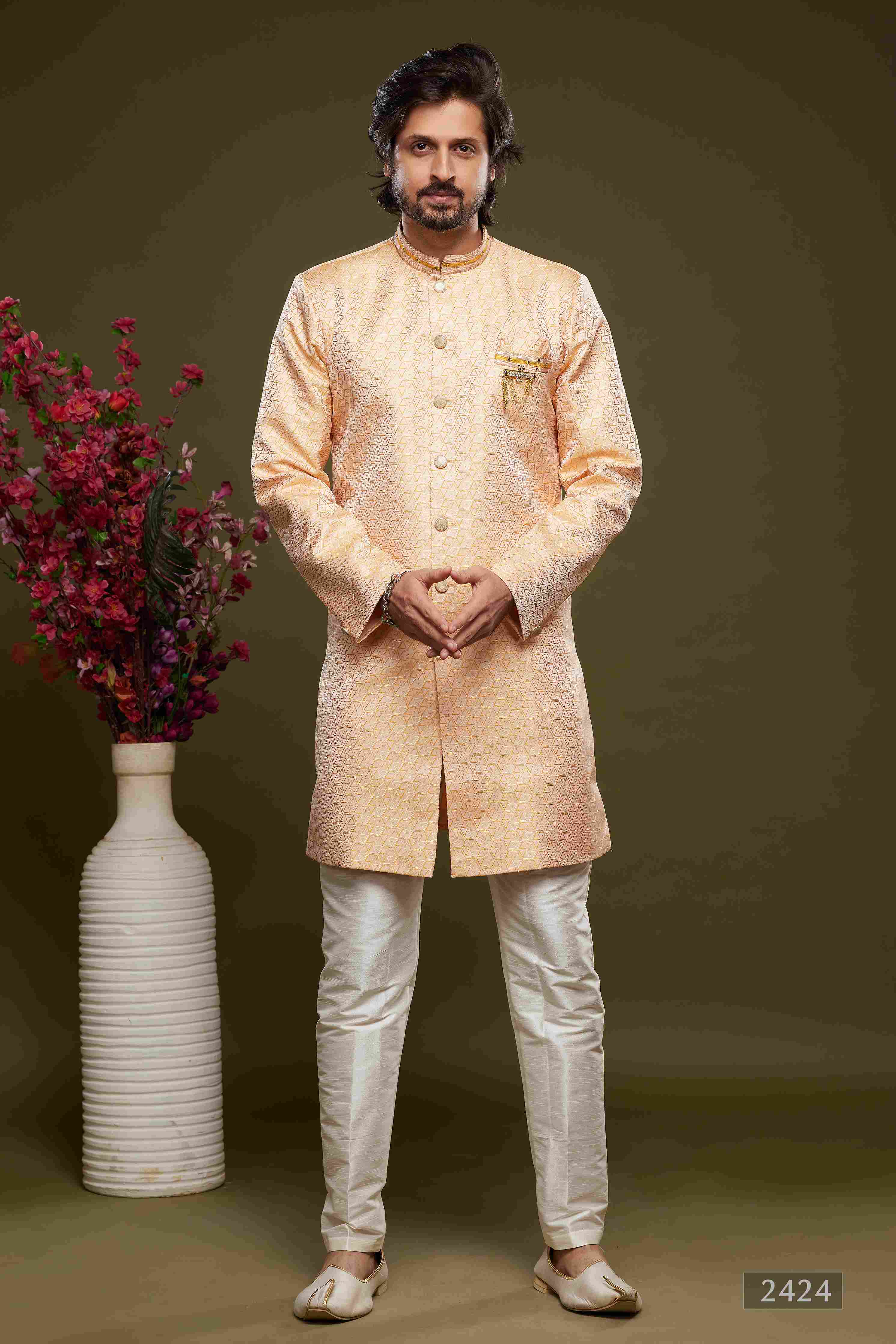 Raivat Ethnic Banarasi Jacquard Embroidery Semi Indo Western Sherwani In Orange Colour