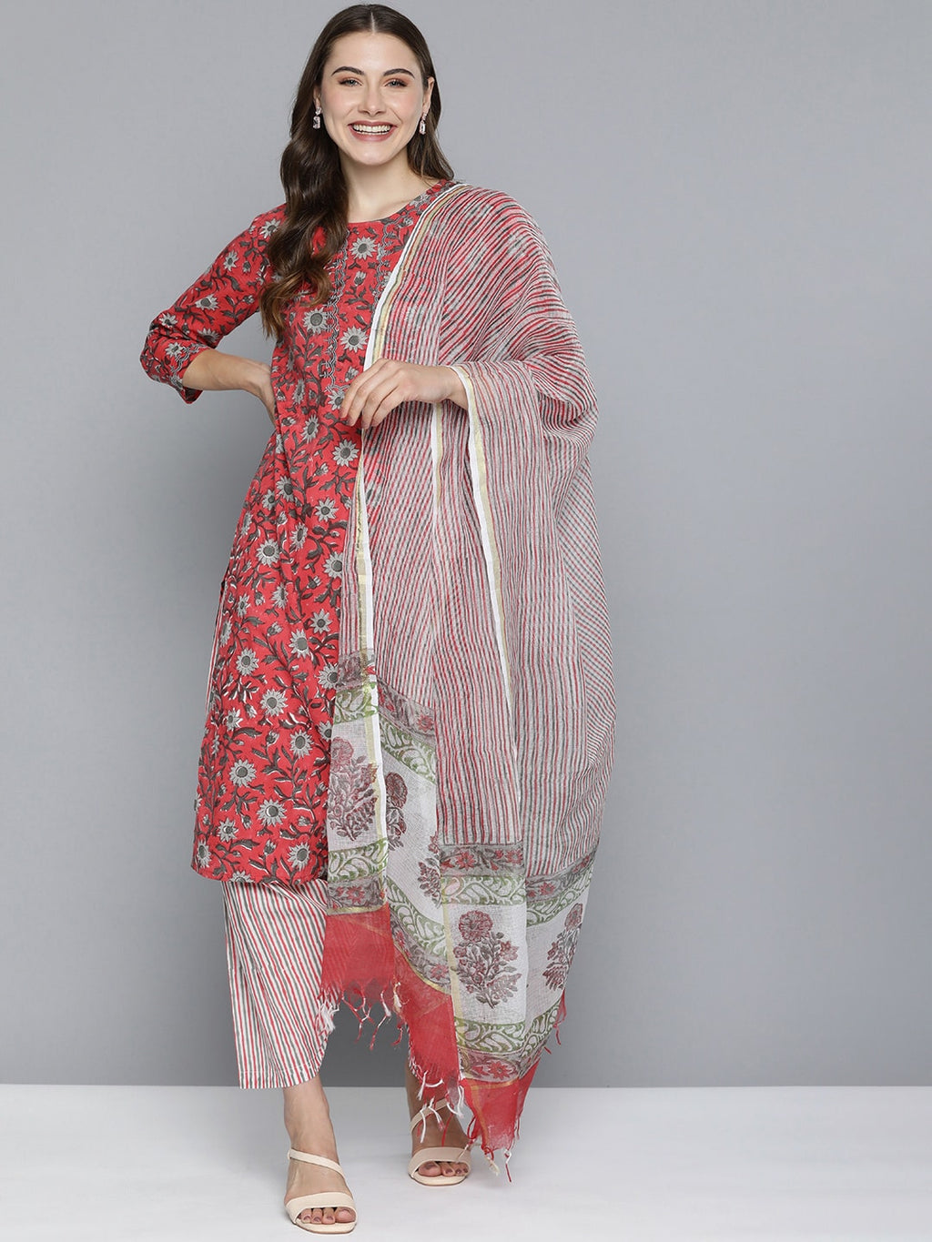HERE&NOW Floral Printed Regular Pure Cotton Kurta with Salwar & With Dupatta