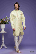 Raivat Ethnic Banarasi Jacquard Embroidery Semi Indo Western Sherwani In Pista Green Colour