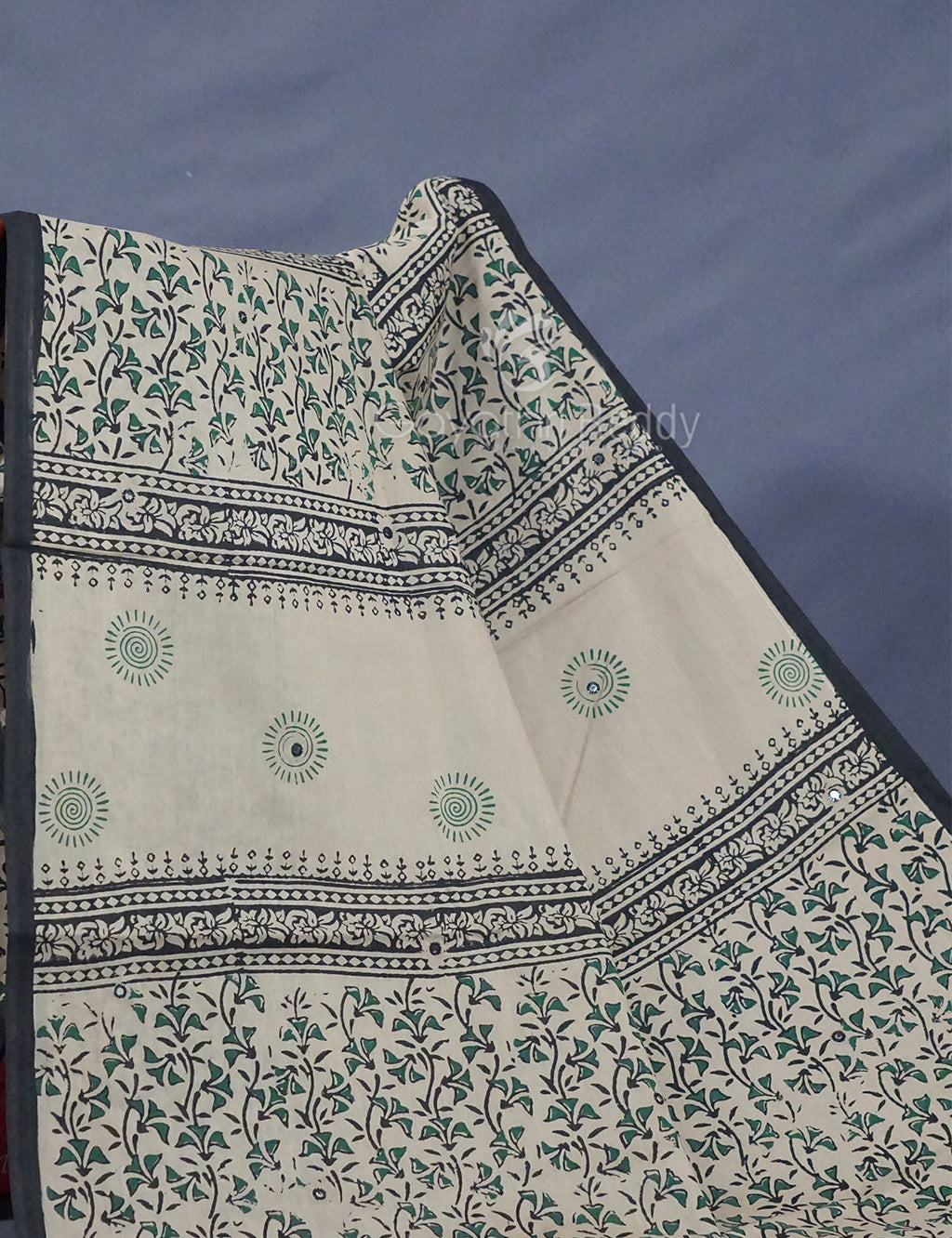 Light Olive Mix Grey Colour Block Print With Mirron Embroidered Pure Mulmul Cotton Saree By Gayathri Reddy Designer Studio