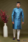 Raivat Ethnic Banarasi Jacquard Embroidery Semi Indo Western Sherwani In Blue Colour