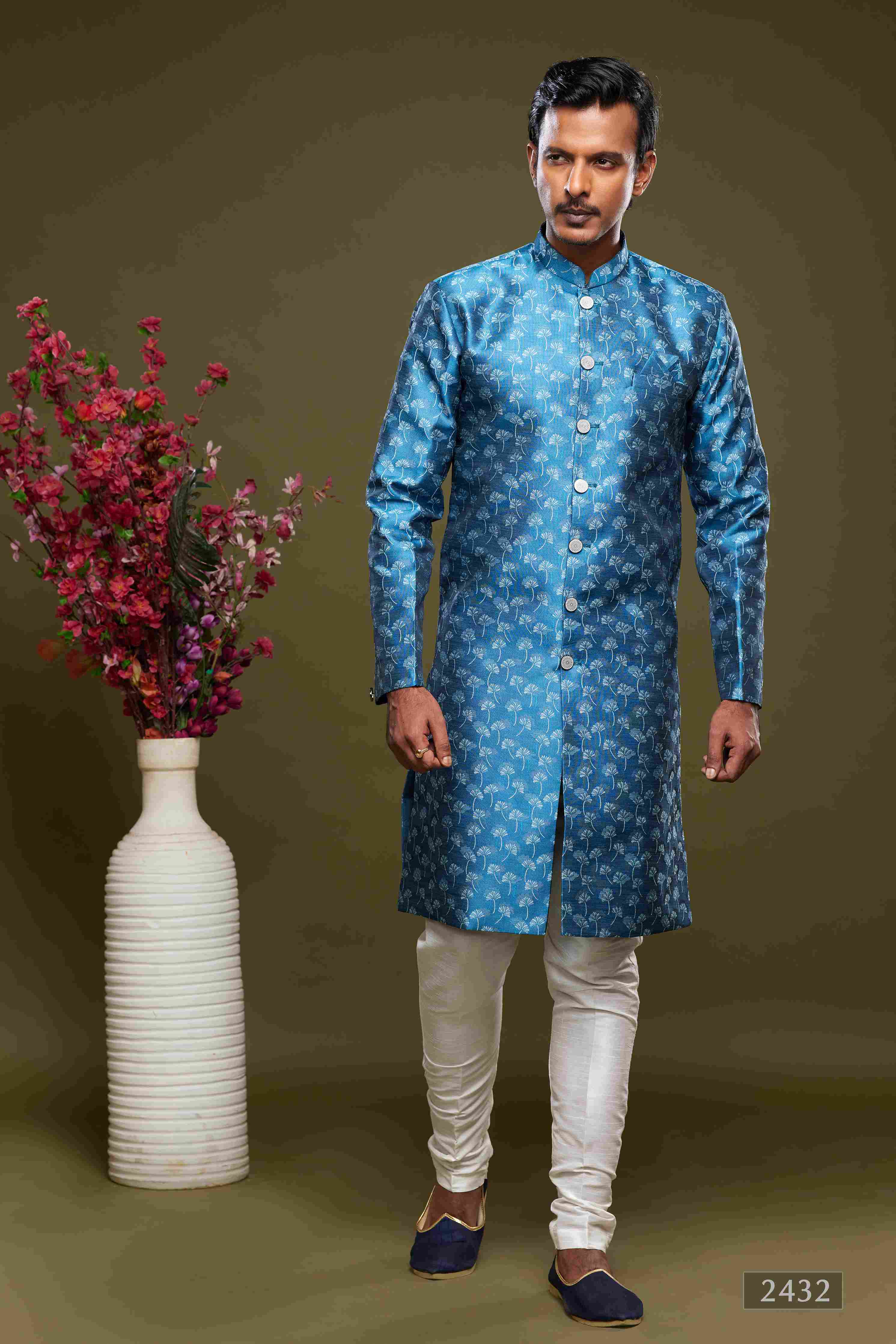 Raivat Ethnic Banarasi Jacquard Embroidery Semi Indo Western Sherwani In Blue Colour
