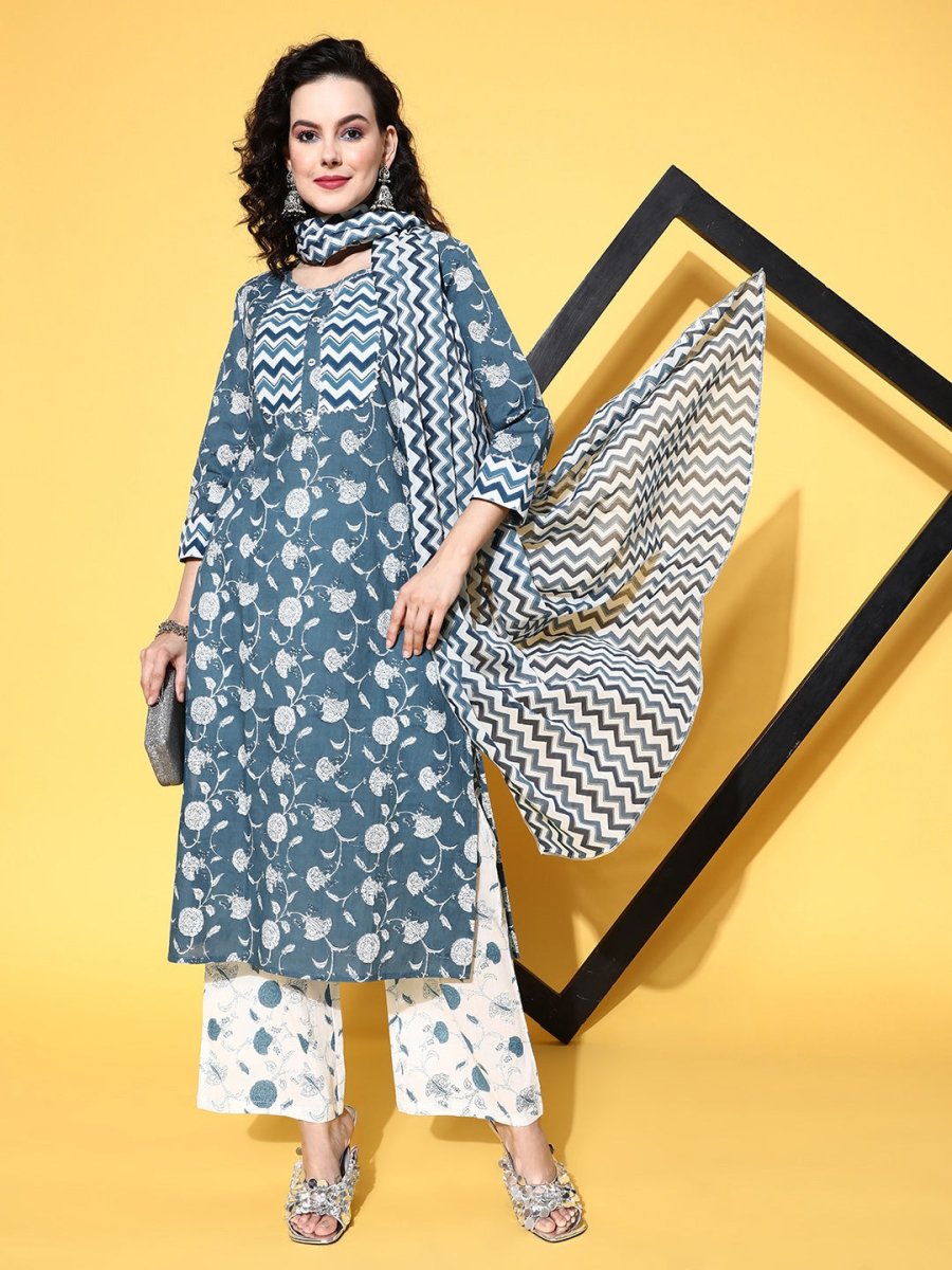 All About You Blue Floral Printed Gotta Patti Pure Cotton Kurta With Trousers & Dupatta