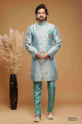 Raivat Ethnic Banarasi Jacquard Embroidery Semi Indo Western Sherwani In Sky Blue Colour